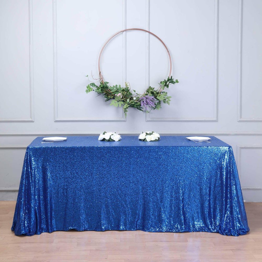 Royal Blue Seamless Premium Sequin Rectangle Tablecloth 90×156″ for 8 Foot Table With Floor-Length Drop  |   Sequin Sequin Royal blue