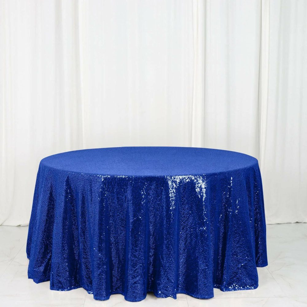 Royal Blue Seamless Premium Sequin Round Tablecloth 120″ for 5 Foot Table With Floor-Length Drop  |   Sequin Sequin Royal blue