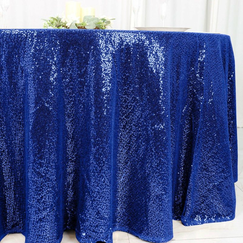 Royal Blue Seamless Premium Sequin Round Tablecloth 120″ for 5 Foot Table With Floor-Length Drop  |   Sequin Sequin Royal blue