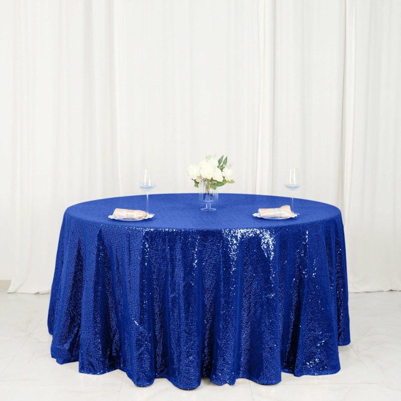 Royal Blue Seamless Premium Sequin Round Tablecloth 120″ for 5 Foot Table With Floor-Length Drop  |   Sequin Sequin Royal blue