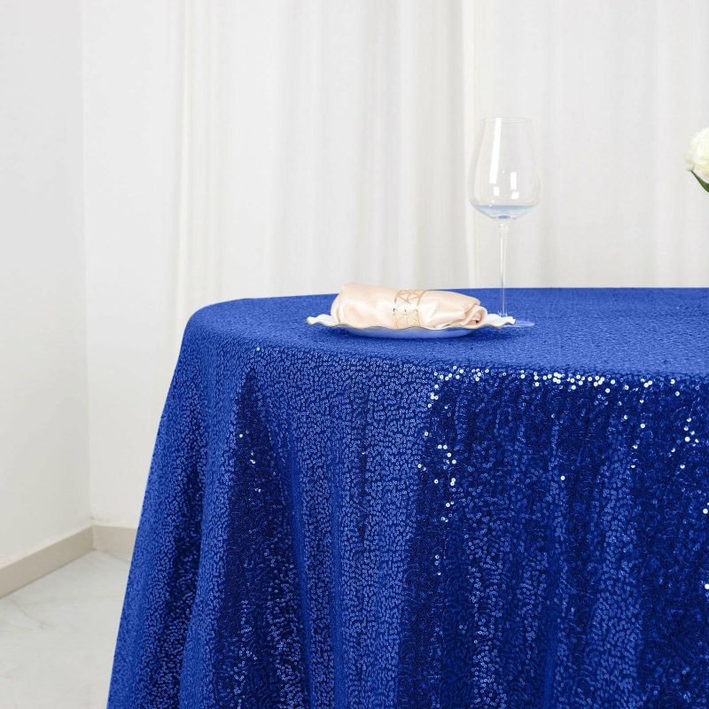 Royal Blue Seamless Premium Sequin Round Tablecloth 120″ for 5 Foot Table With Floor-Length Drop  |   Sequin Sequin Royal blue