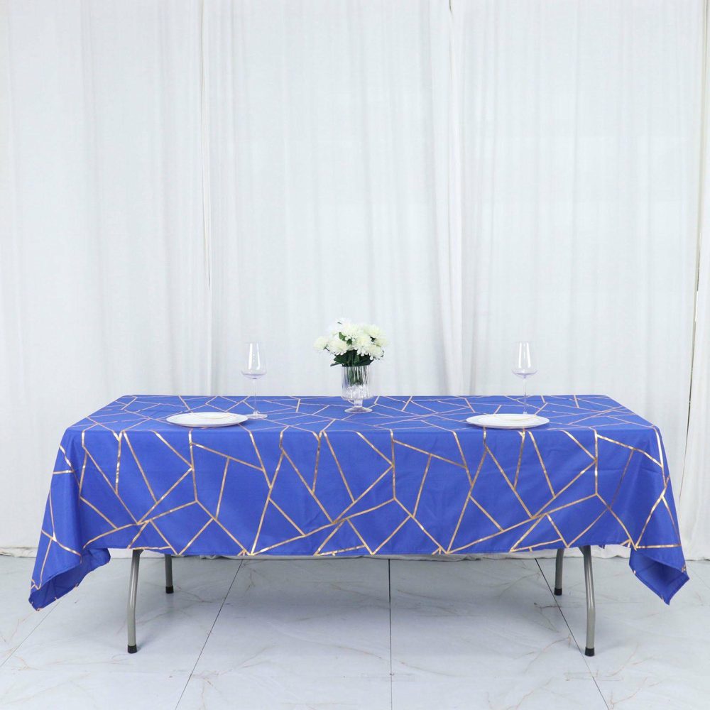 Royal Blue Seamless Rectangle Polyester Tablecloth With Gold Foil Geometric Pattern 60″x102″  |   Polyester Polyester Polyester