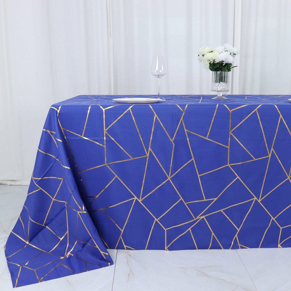 Royal Blue Seamless Rectangle Polyester Tablecloth With Gold Foil Geometric Pattern 90″x132″ for 6 Foot Table With Floor-Length Drop  |   Polyester Polyester Polyester