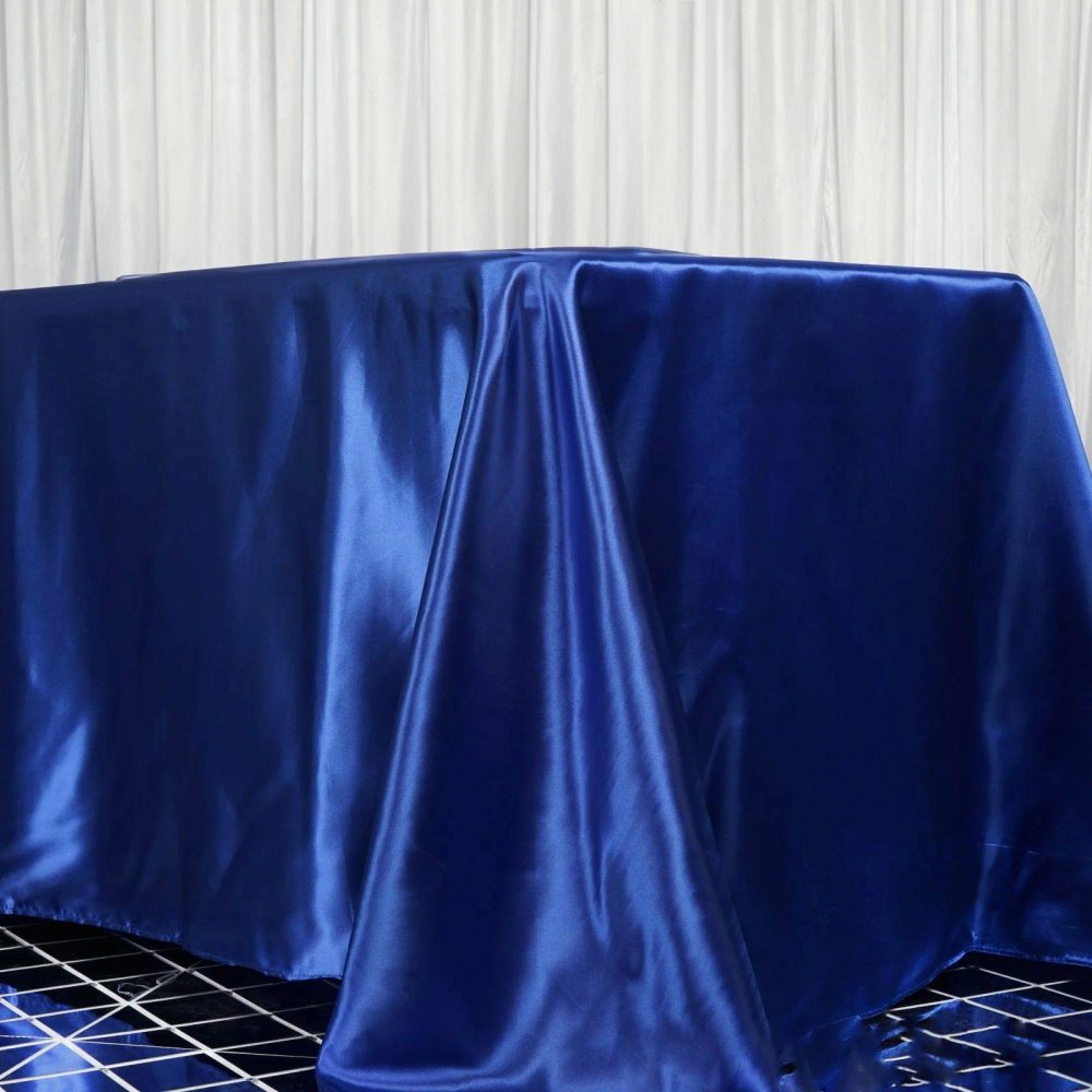 Royal Blue Seamless Satin Rectangular Tablecloth 90″x156″ for 8 Foot Table With Floor-Length Drop  |   Satin Satin Royal blue