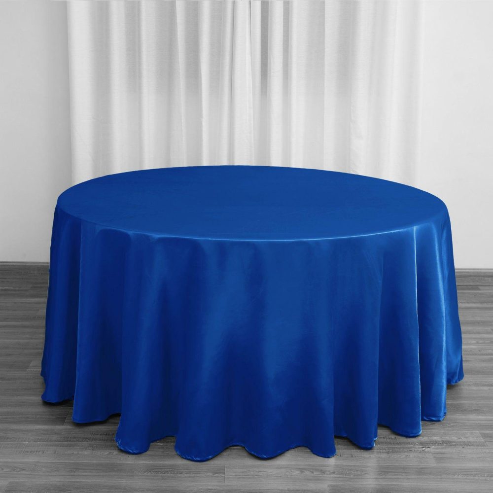 Royal Blue Seamless Satin Round Tablecloth 120″ for 5 Foot Table With Floor-Length Drop  |   Satin Satin Royal blue