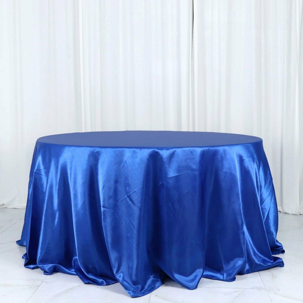 Royal Blue Seamless Satin Round Tablecloth 132″ for 6 Foot Table With Floor-Length Drop  |   Satin Satin Royal blue