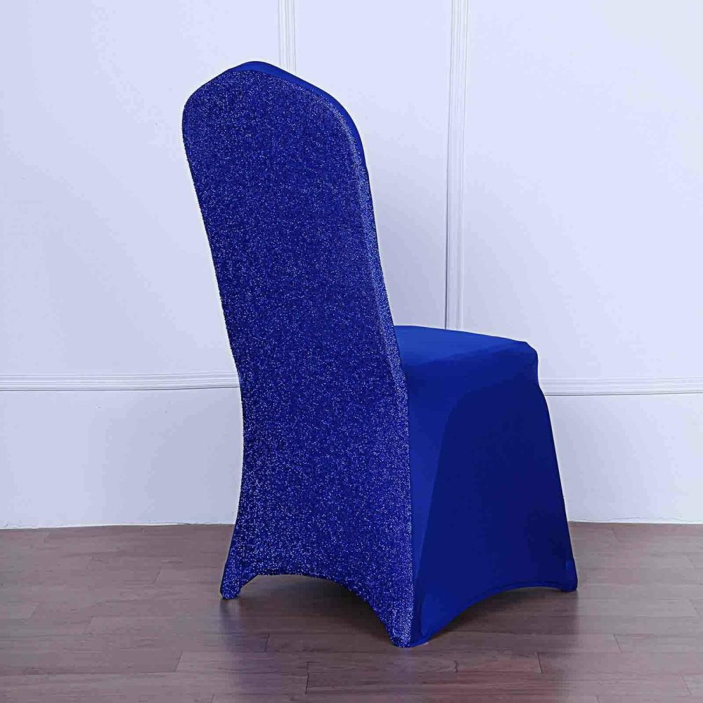 Royal Blue Spandex Stretch Banquet Chair Cover, Fitted with Metallic Shimmer Tinsel Back  |   Spandex Fitted Banquet Chair Covers Royal blue