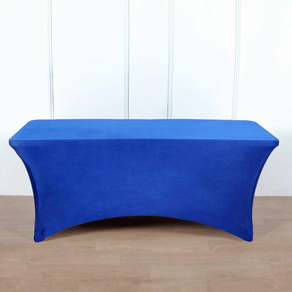 Royal Blue Stretch Spandex Rectangle Tablecloth 8ft Wrinkle Free Fitted Table Cover for 96″x30″ Tables  |   Spandex & Fitted Spandex & Fitted Royal blue