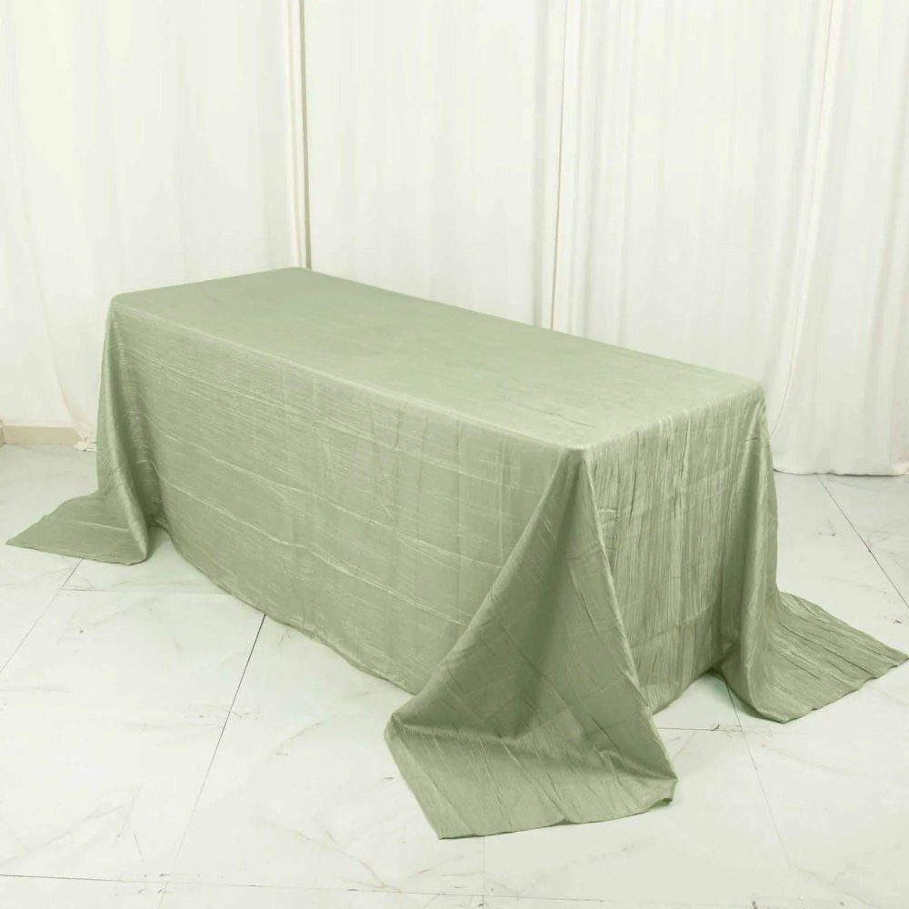 Sage Green Accordion Crinkle Taffeta Seamless Rectangular Tablecloth 90″x132″ for 6 Foot Table With Floor-Length Drop  |   Pintuck, Crinkle & Leaf Pintuck, Crinkle & Leaf Pintuck, Crinkle & Leaf