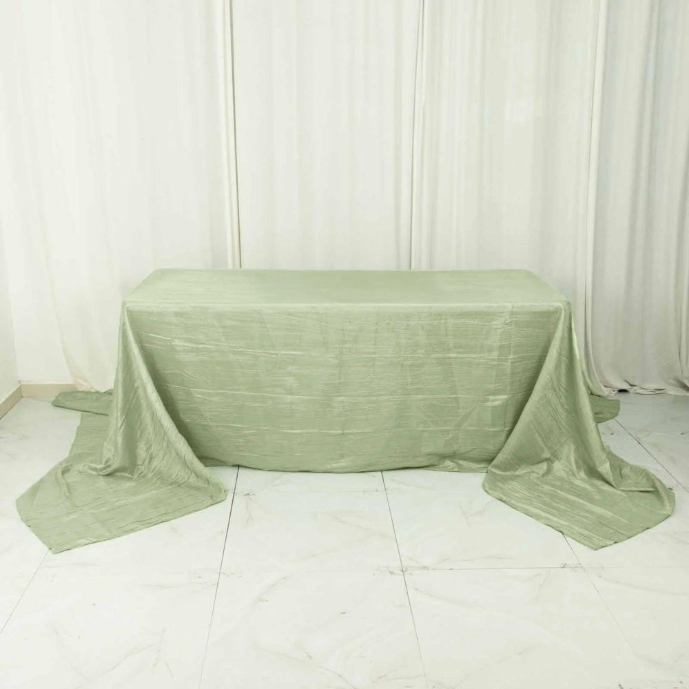 Sage Green Accordion Crinkle Taffeta Seamless Rectangular Tablecloth 90″x156″ for 8 Foot Table With Floor-Length Drop  |   Pintuck, Crinkle & Leaf Pintuck, Crinkle & Leaf Pintuck, Crinkle & Leaf