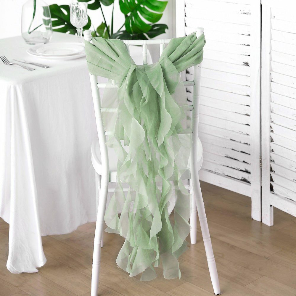 Sage Green Chiffon Curly Chair Sash  |   Organza & Chiffon Chair Sashes Organza & Chiffon