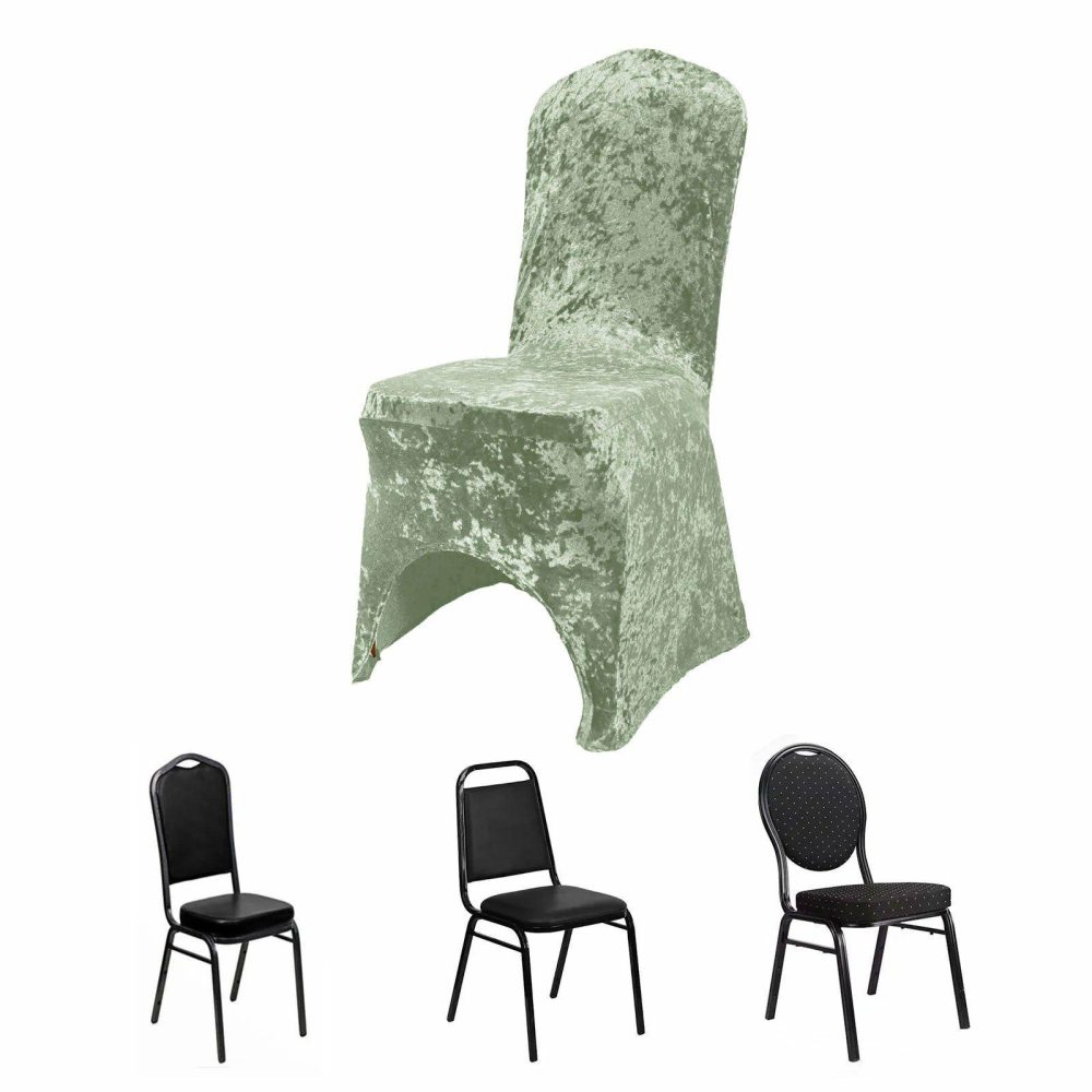 Sage Green Crushed Velvet Spandex Stretch Banquet Chair Cover With Foot Pockets, Fitted Wedding Chair Cover 190 GSM  |   Spandex Fitted Banquet Chair Covers Sage green