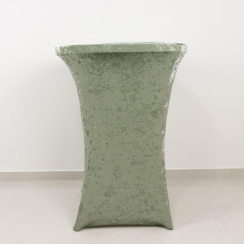 Sage Green Crushed Velvet Stretch Fitted Round Highboy Cocktail Table Cover  |   Spandex & Fitted Spandex & Fitted Sage green