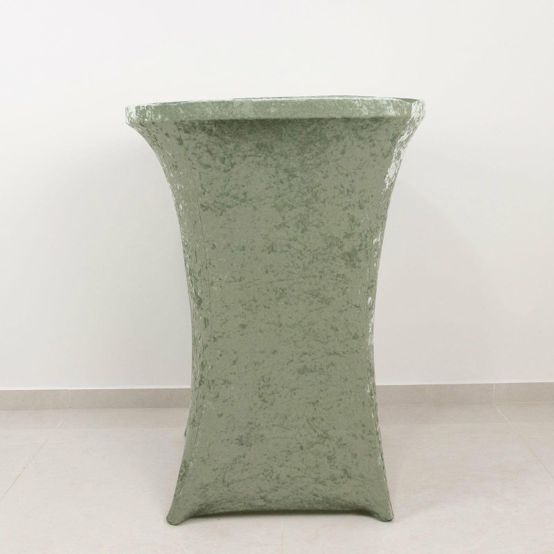 Sage Green Crushed Velvet Stretch Fitted Round Highboy Cocktail Table Cover  |   Spandex & Fitted Spandex & Fitted Sage green