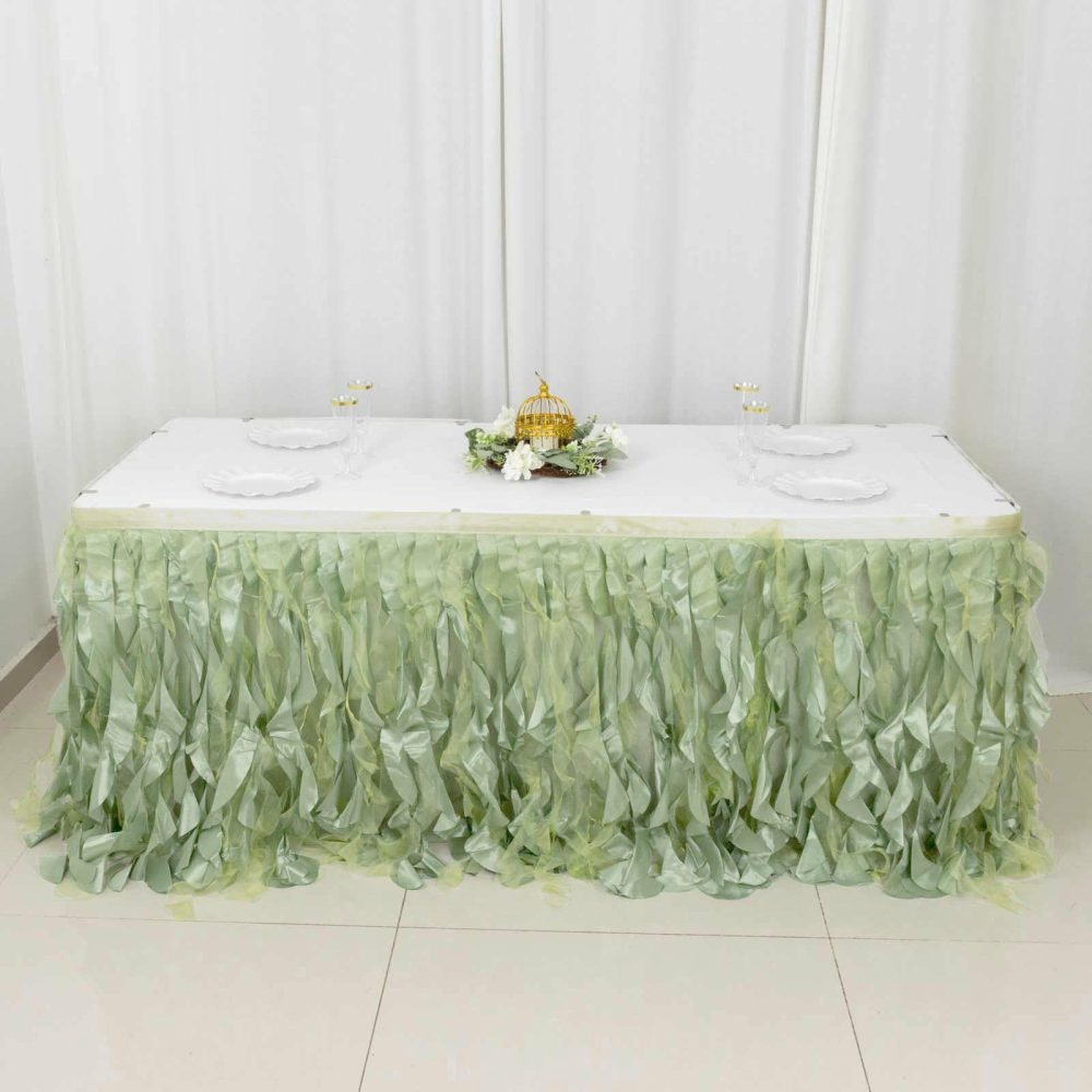 Sage Green Curly Willow Taffeta Table Skirt 14ft  |   Ruffled Tulle Ruffled Tulle Ruffled Tulle