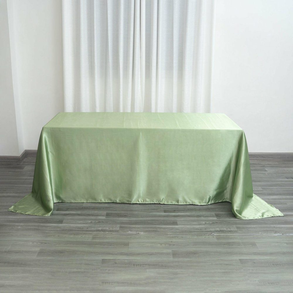 Sage Green Satin Seamless Rectangular Tablecloth 90″x132″ for 6 Foot Table With Floor-Length Drop  |   Satin Satin Sage green