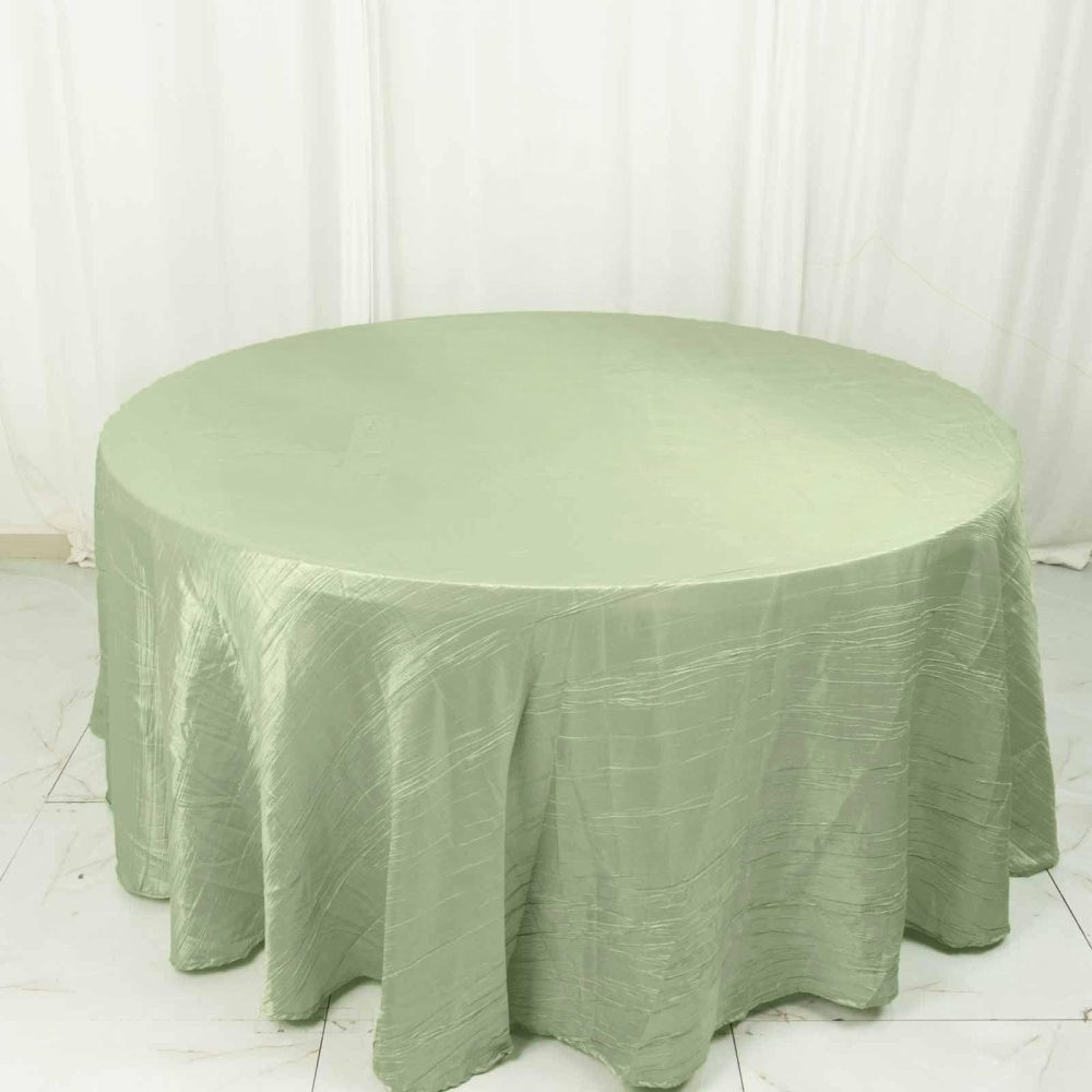 Sage Green Seamless Accordion Crinkle Taffeta Round Tablecloth 120″ for 5 Foot Table With Floor-Length Drop  |   Pintuck, Crinkle & Leaf Pintuck, Crinkle & Leaf Pintuck, Crinkle & Leaf