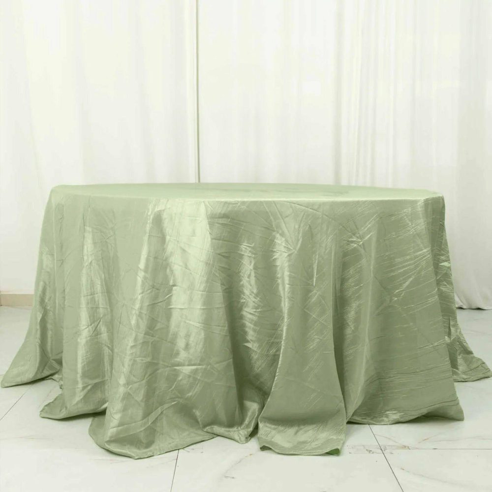 Sage Green Seamless Accordion Crinkle Taffeta Round Tablecloth 132″ for 6 Foot Table With Floor-Length Drop  |   Pintuck, Crinkle & Leaf Pintuck, Crinkle & Leaf Pintuck, Crinkle & Leaf