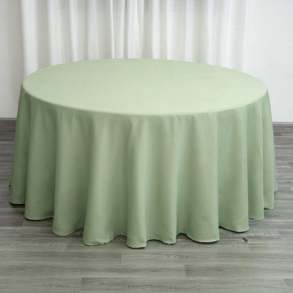 Sage Green Seamless Polyester Round Tablecloth 120″ for 5 Foot Table With Floor-Length Drop  |   Polyester Polyester Polyester