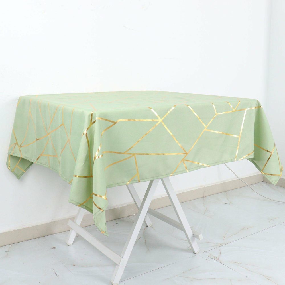 Sage Green Seamless Polyester Square Tablecloth With Gold Foil Geometric Pattern 54″x54″  |   Polyester Polyester Polyester