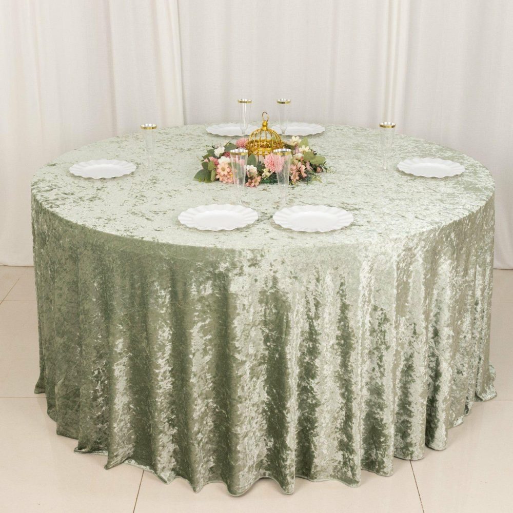 Sage Green Seamless Premium Crushed Velvet Round Tablecloth 120″ for 5 Foot Table With Floor-Length Drop  |   Velvet & Flocking Tablecloths Sage green