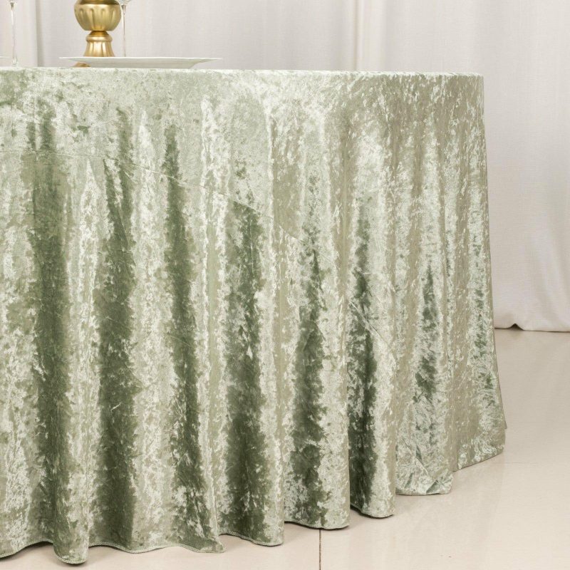 Sage Green Seamless Premium Crushed Velvet Round Tablecloth 120″ for 5 Foot Table With Floor-Length Drop  |   Velvet & Flocking Tablecloths Sage green