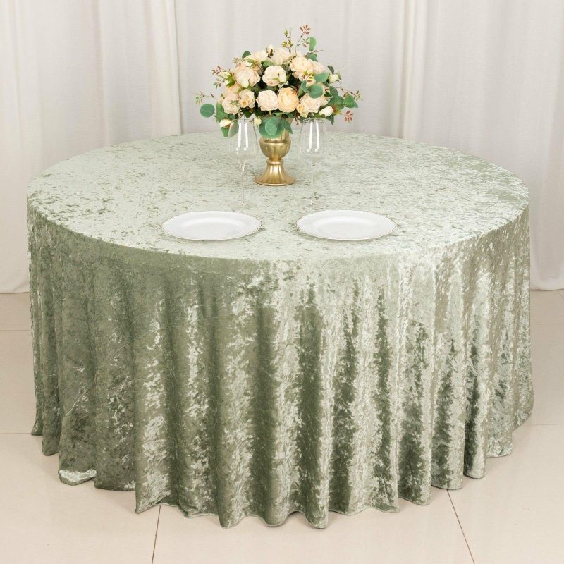 Sage Green Seamless Premium Crushed Velvet Round Tablecloth 120″ for 5 Foot Table With Floor-Length Drop  |   Velvet & Flocking Tablecloths Sage green