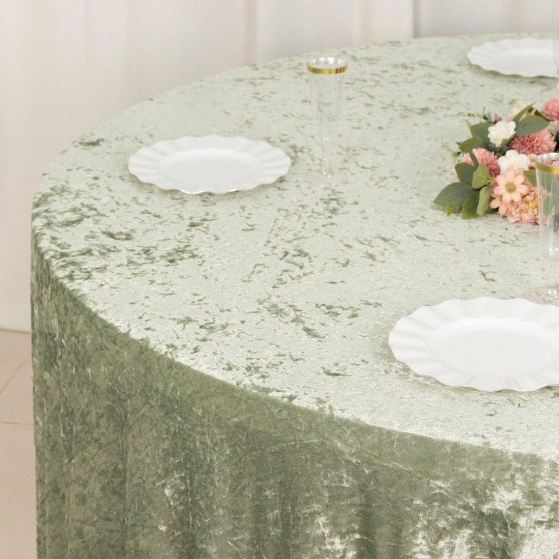 Sage Green Seamless Premium Crushed Velvet Round Tablecloth 120″ for 5 Foot Table With Floor-Length Drop  |   Velvet & Flocking Tablecloths Sage green