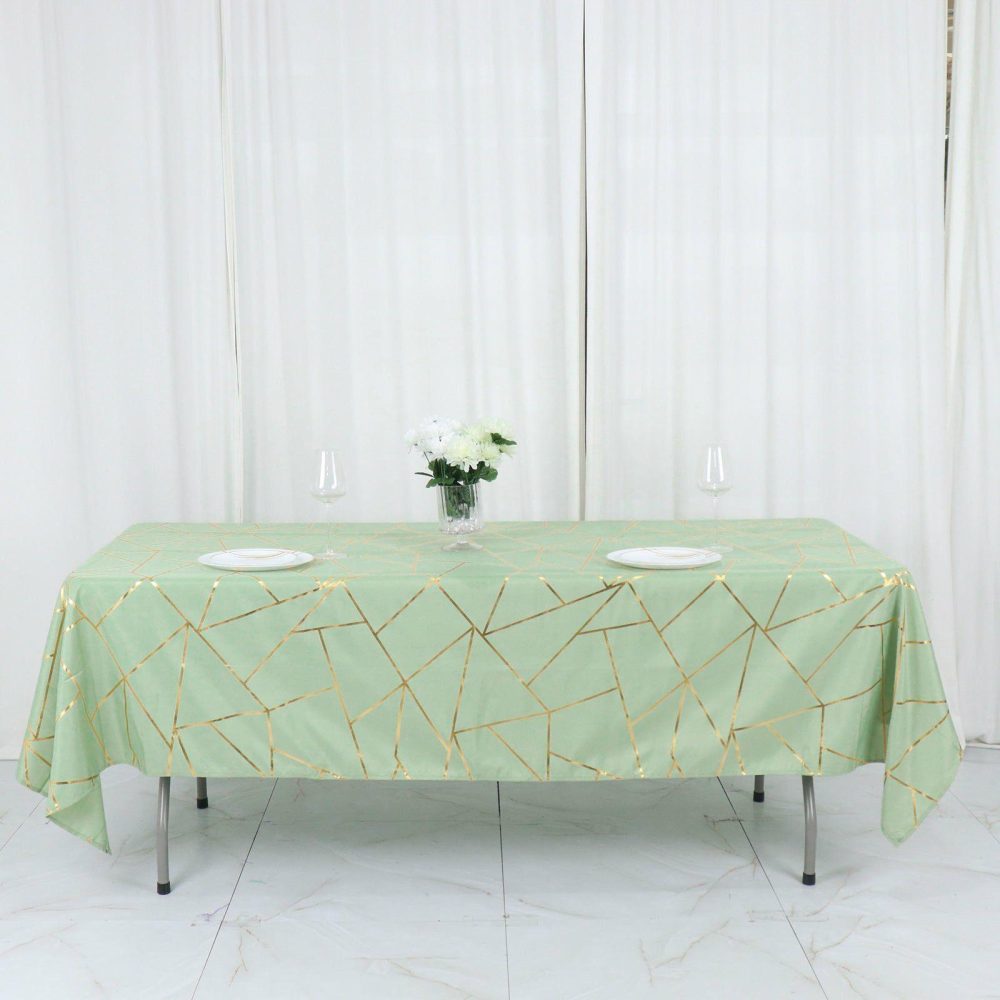 Sage Green Seamless Rectangle Polyester Tablecloth With Gold Foil Geometric Pattern 60″x102″  |   Polyester Polyester Polyester