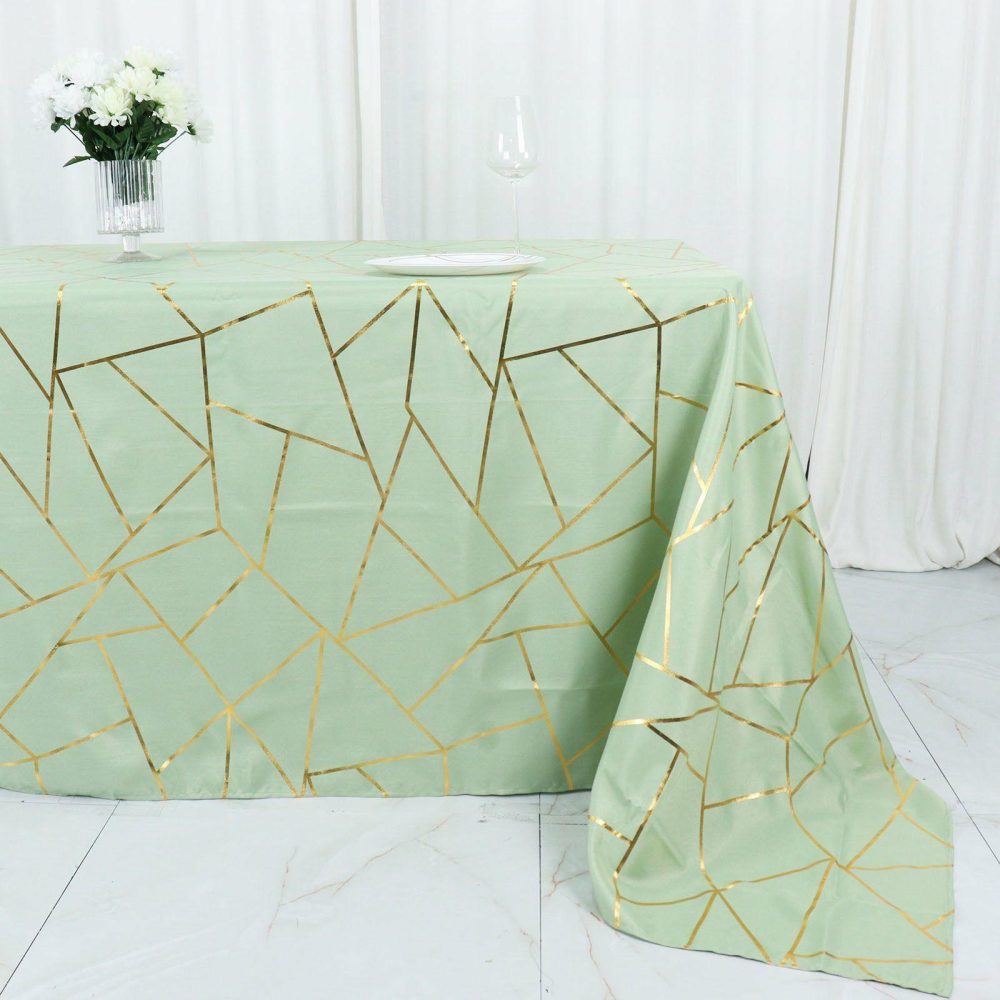 Sage Green Seamless Rectangle Polyester Tablecloth With Gold Foil Geometric Pattern 90″x132″ for 6 Foot Table With Floor-Length Drop  |   Polyester Polyester Polyester