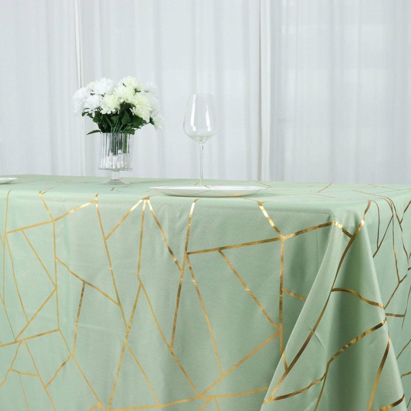 Sage Green Seamless Rectangle Polyester Tablecloth With Gold Foil Geometric Pattern 90″x132″ for 6 Foot Table With Floor-Length Drop  |   Polyester Polyester Polyester