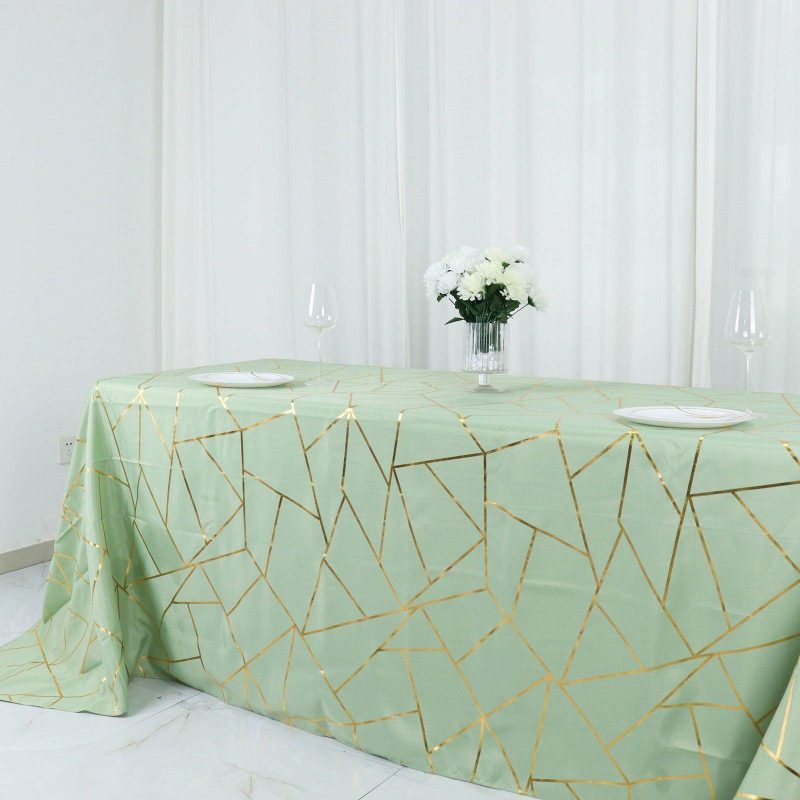 Sage Green Seamless Rectangle Polyester Tablecloth With Gold Foil Geometric Pattern 90″x132″ for 6 Foot Table With Floor-Length Drop  |   Polyester Polyester Polyester