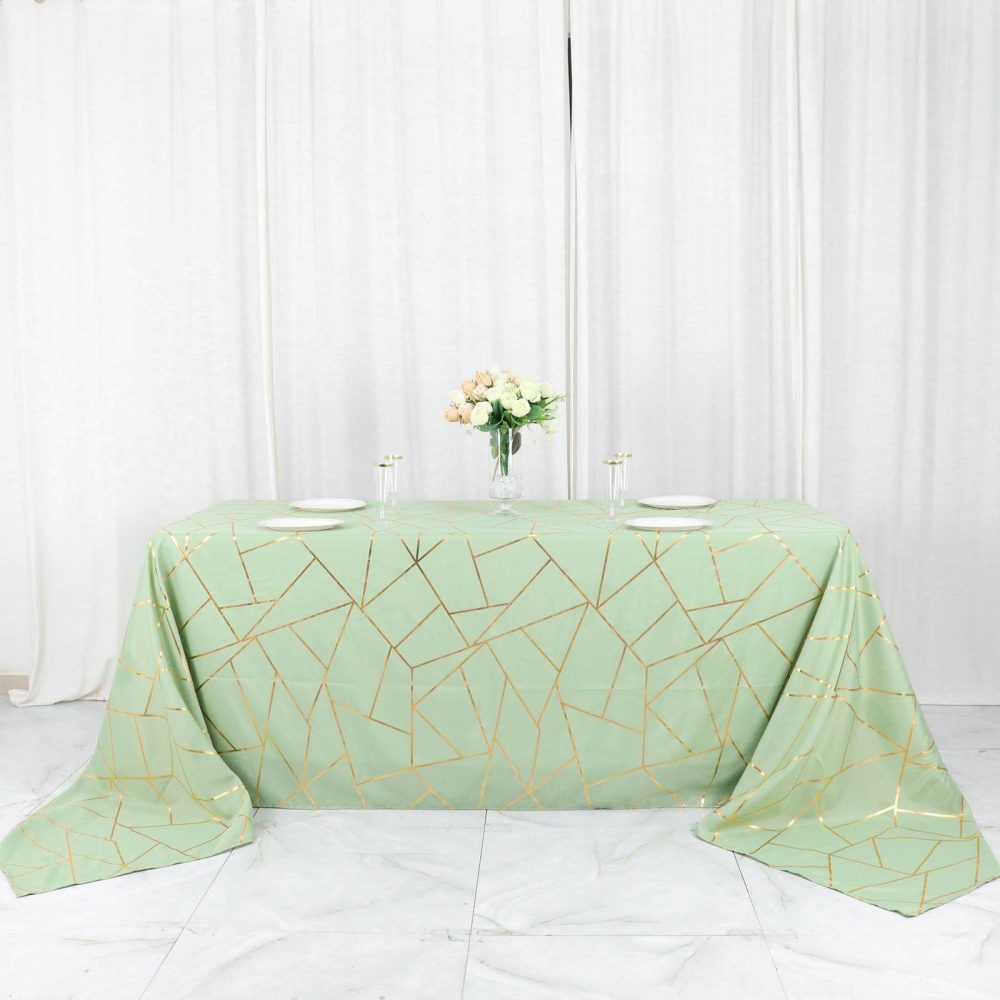 Sage Green Seamless Rectangle Polyester Tablecloth With Gold Foil Geometric Pattern 90″x156″ for 8 Foot Table With Floor-Length Drop  |   Polyester Polyester Polyester