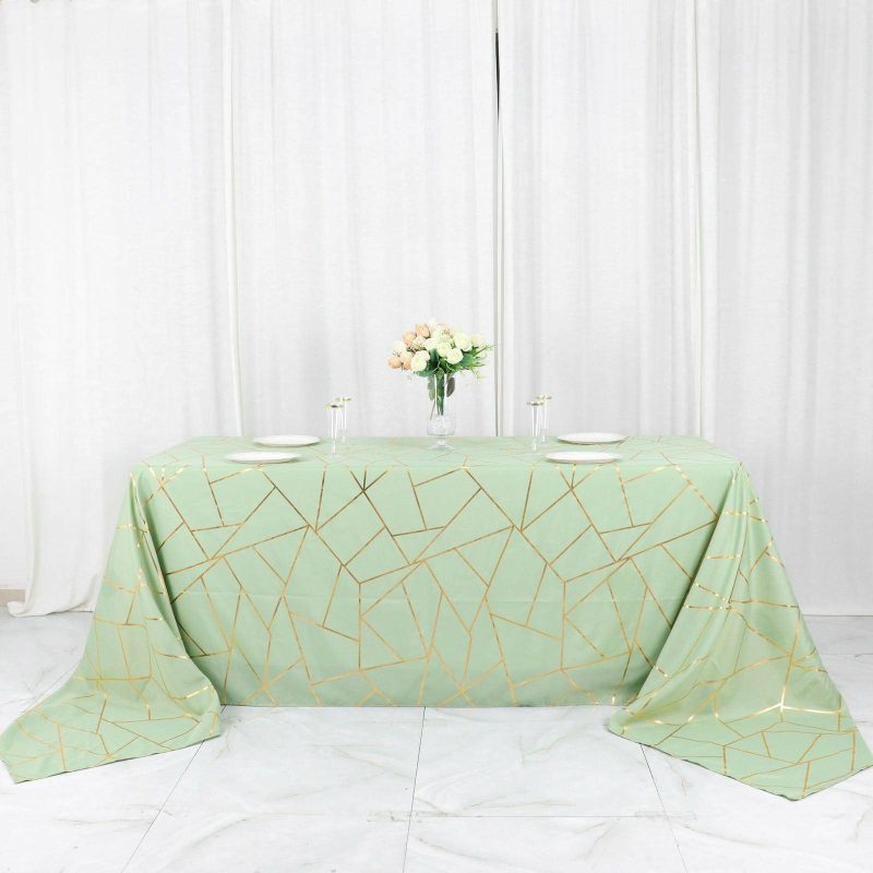 Sage Green Seamless Rectangle Polyester Tablecloth With Gold Foil Geometric Pattern 90″x156″ for 8 Foot Table With Floor-Length Drop  |   Polyester Polyester Polyester