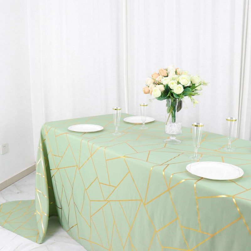 Sage Green Seamless Rectangle Polyester Tablecloth With Gold Foil Geometric Pattern 90″x156″ for 8 Foot Table With Floor-Length Drop  |   Polyester Polyester Polyester