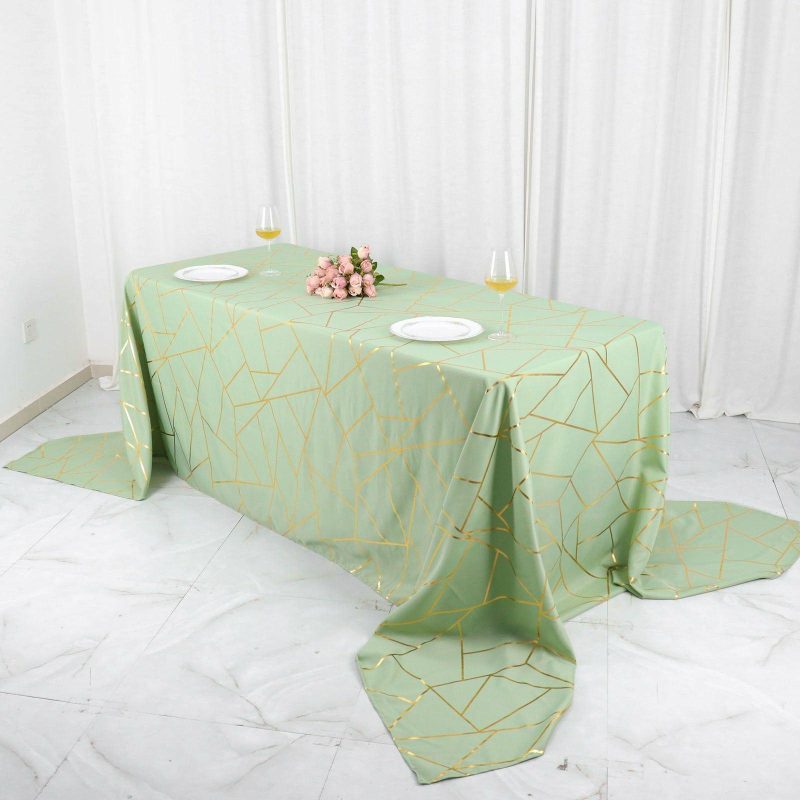 Sage Green Seamless Rectangle Polyester Tablecloth With Gold Foil Geometric Pattern 90″x156″ for 8 Foot Table With Floor-Length Drop  |   Polyester Polyester Polyester