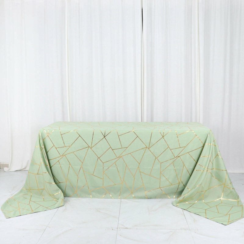 Sage Green Seamless Rectangle Polyester Tablecloth With Gold Foil Geometric Pattern 90″x156″ for 8 Foot Table With Floor-Length Drop  |   Polyester Polyester Polyester