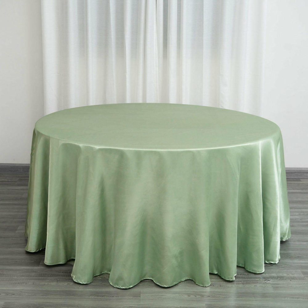 Sage Green Seamless Satin Round Tablecloth 120″ for 5 Foot Table With Floor-Length Drop  |   Satin Satin Sage green