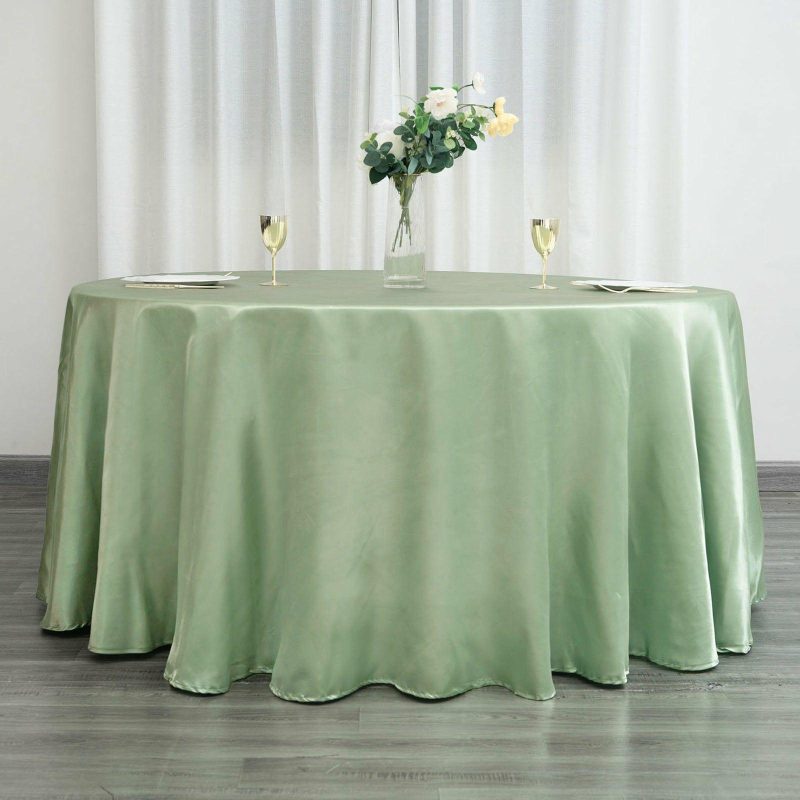 Sage Green Seamless Satin Round Tablecloth 120″ for 5 Foot Table With Floor-Length Drop  |   Satin Satin Sage green