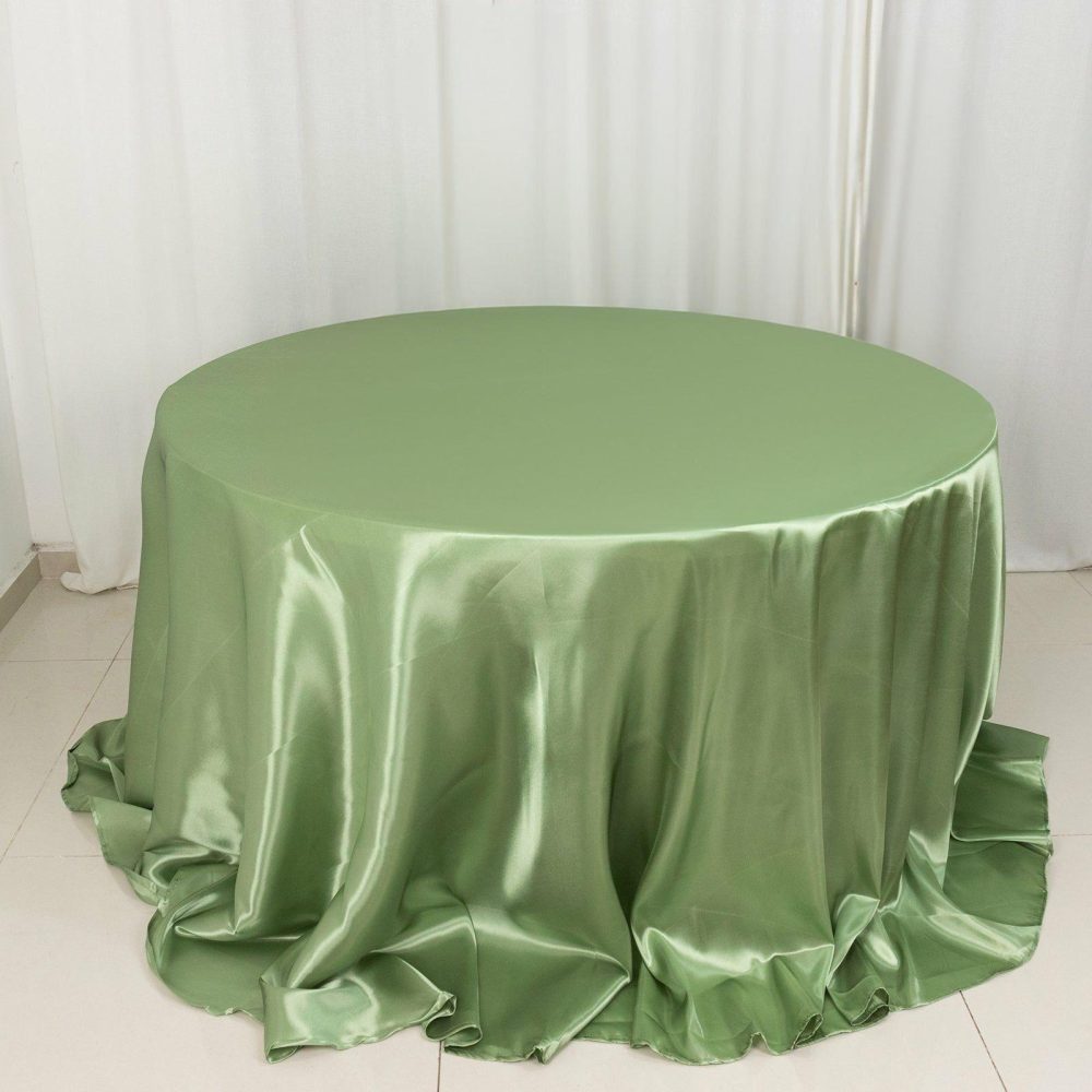 Sage Green Seamless Satin Round Tablecloth 132″ for 6 Foot Table With Floor-Length Drop  |   Satin Satin Sage green