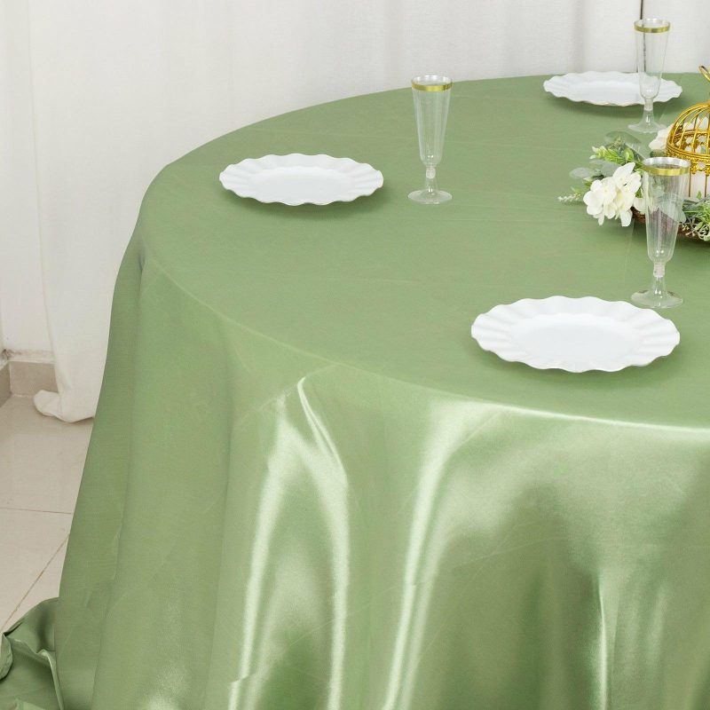 Sage Green Seamless Satin Round Tablecloth 132″ for 6 Foot Table With Floor-Length Drop  |   Satin Satin Sage green