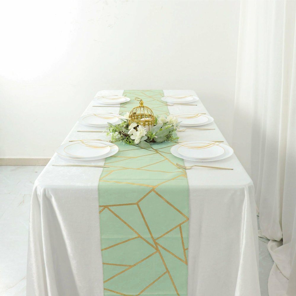 Sage Green With Gold Foil Geometric Pattern Table Runner 9ft  |   Polyester Polyester Polyester