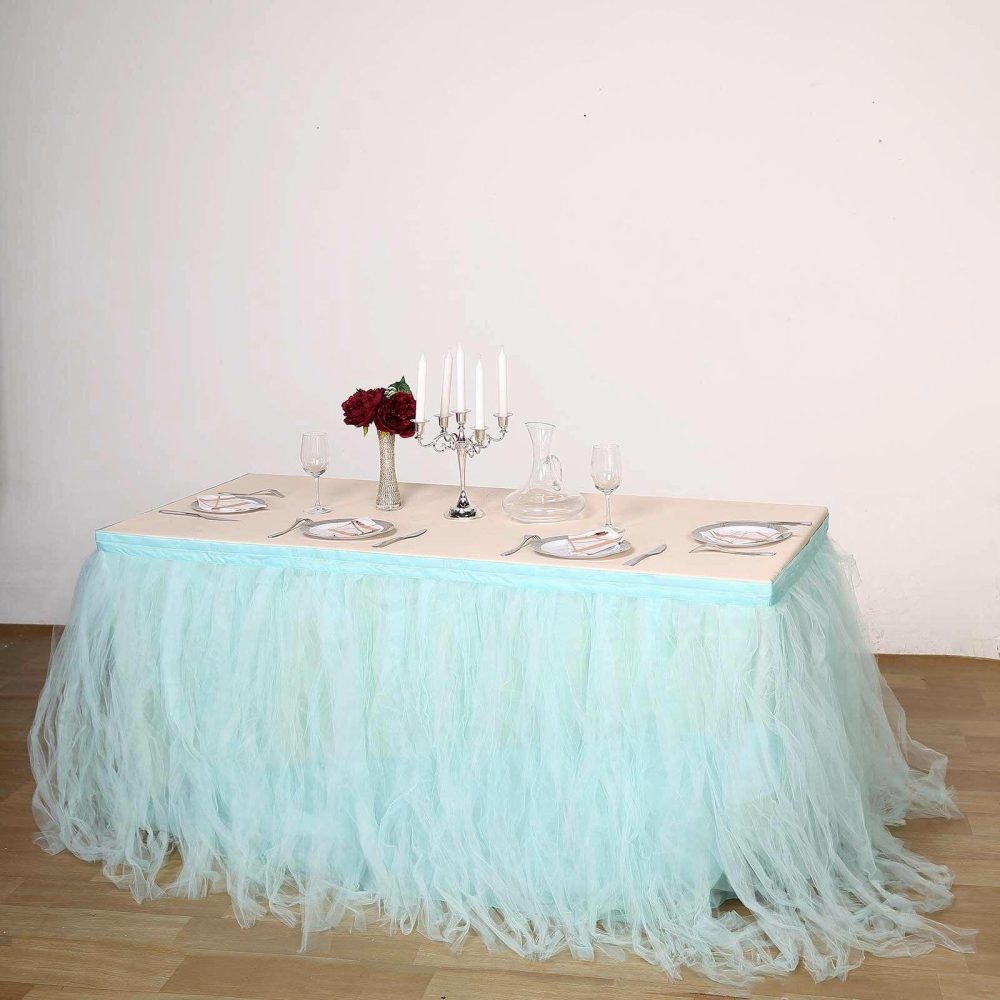 Serenity Blue 4 Layer Tulle Tutu Pleated Table Skirt 17ft  |   Ruffled Tulle Ruffled Tulle Ruffled Tulle