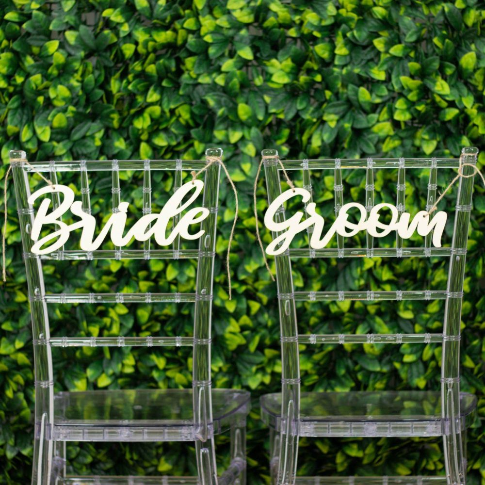 Set of 2 Natural Wood Bride and Groom Chair Signs, Wedding Photo Booth Props, Calligraphy Wall Hanging Decor 12″x5″  |   Stylish Chair Sashes Bride & Groom Sign