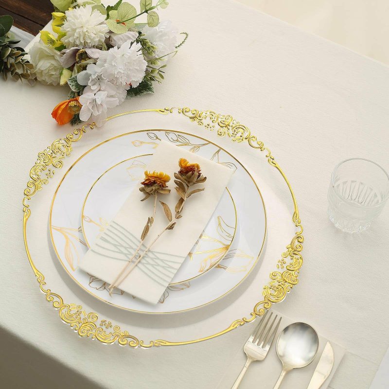 Set of 20 White Plastic Party Plates With Metallic Gold Floral Design, Disposable Round Dinner and Dessert Plates – 10″ / 7″  |   Disposable Dinner Plates Disposable Dinner Plates Disposable Dinner Plates