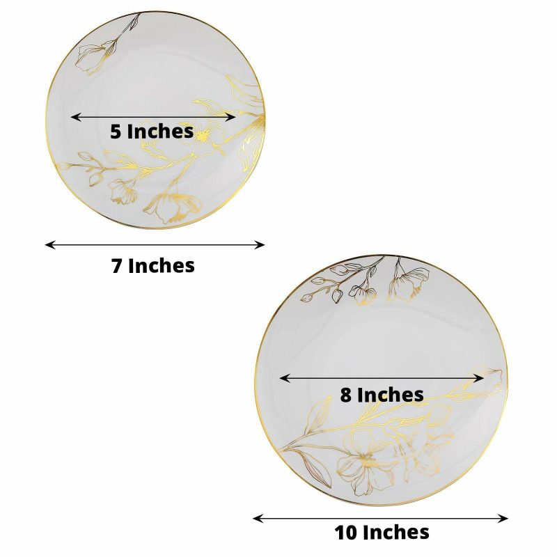 Set of 20 White Plastic Party Plates With Metallic Gold Floral Design, Disposable Round Dinner and Dessert Plates – 10″ / 7″  |   Disposable Dinner Plates Disposable Dinner Plates Disposable Dinner Plates