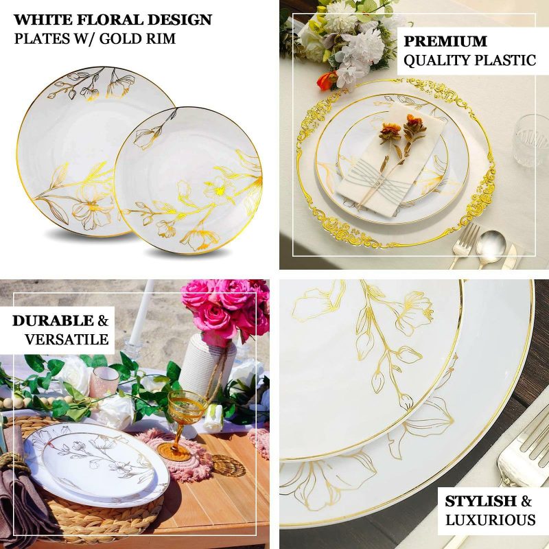 Set of 20 White Plastic Party Plates With Metallic Gold Floral Design, Disposable Round Dinner and Dessert Plates – 10″ / 7″  |   Disposable Dinner Plates Disposable Dinner Plates Disposable Dinner Plates