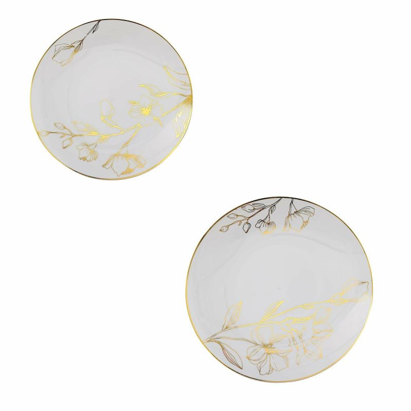 Set of 20 White Plastic Party Plates With Metallic Gold Floral Design, Disposable Round Dinner and Dessert Plates – 10″ / 7″  |   Disposable Dinner Plates Disposable Dinner Plates Disposable Dinner Plates