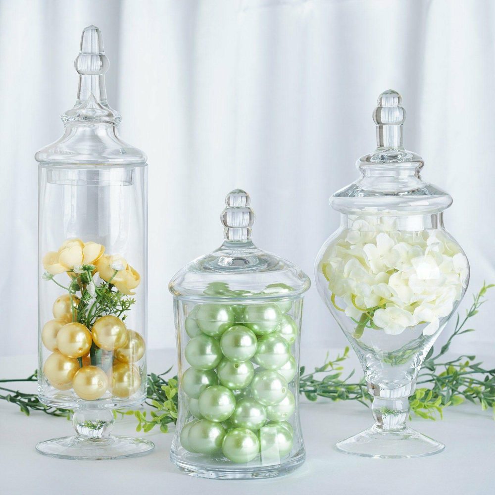 Set of 3 Clear Glass Modern Apothecary Party Favor Candy Jars With Snap On Lids 9″/13″/14″  |   Mini Trays & Jars Mini Dishes & Bowls Mini Trays & Jars