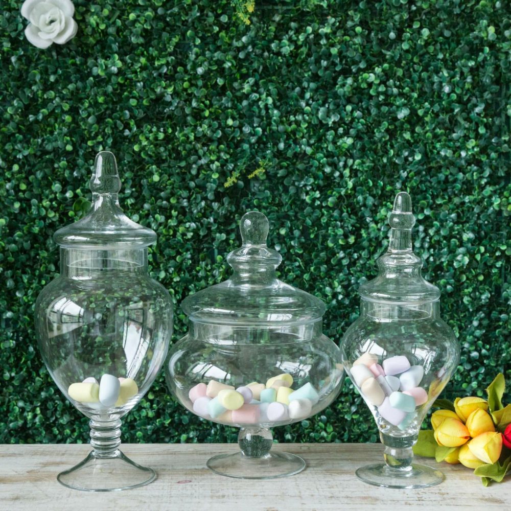 Set of 3 Clear Glass Pedestal Apothecary Party Favor Candy Jars With Snap On Lids 10″/12″/14″  |   Mini Trays & Jars Mini Dishes & Bowls Mini Trays & Jars